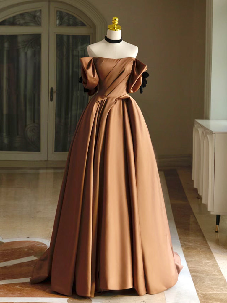Elegant A-Line Satin Brown Long Prom Dress: Chic Formal Evening Gown