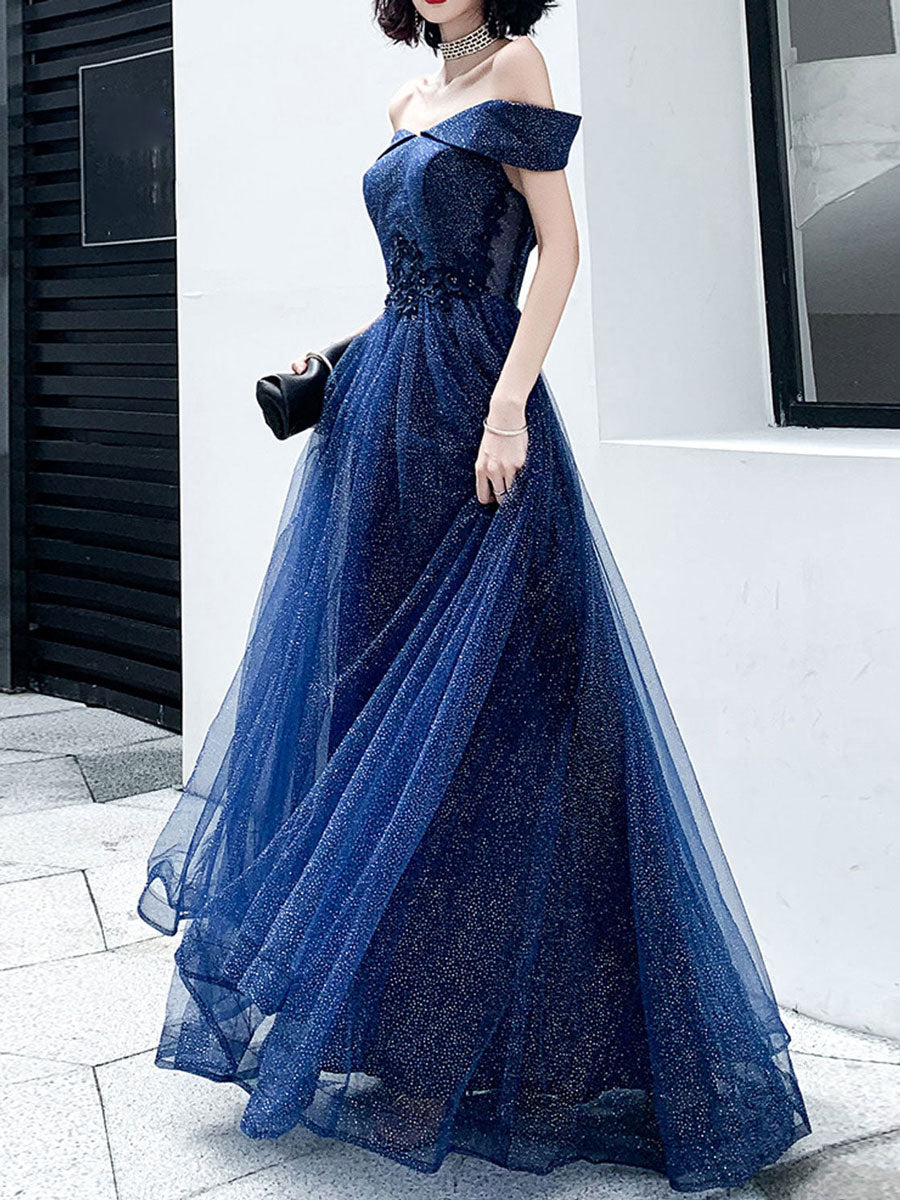 party dress blue colour Navy Blue Velvet and Tulle Floor Length Evening Dress Party Dress, Blue Junior Prom Dresses