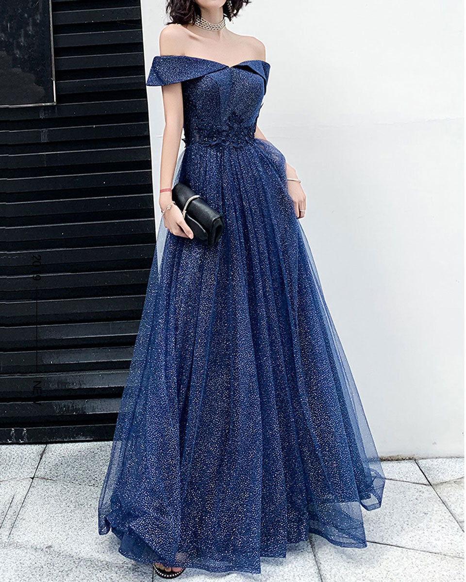 Dark Blue Tulle Off Shoulder Long Prom Wedding Party Dress