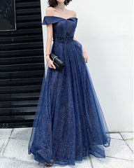 Dark Blue Tulle Off Shoulder Long Prom Wedding Party Dress
