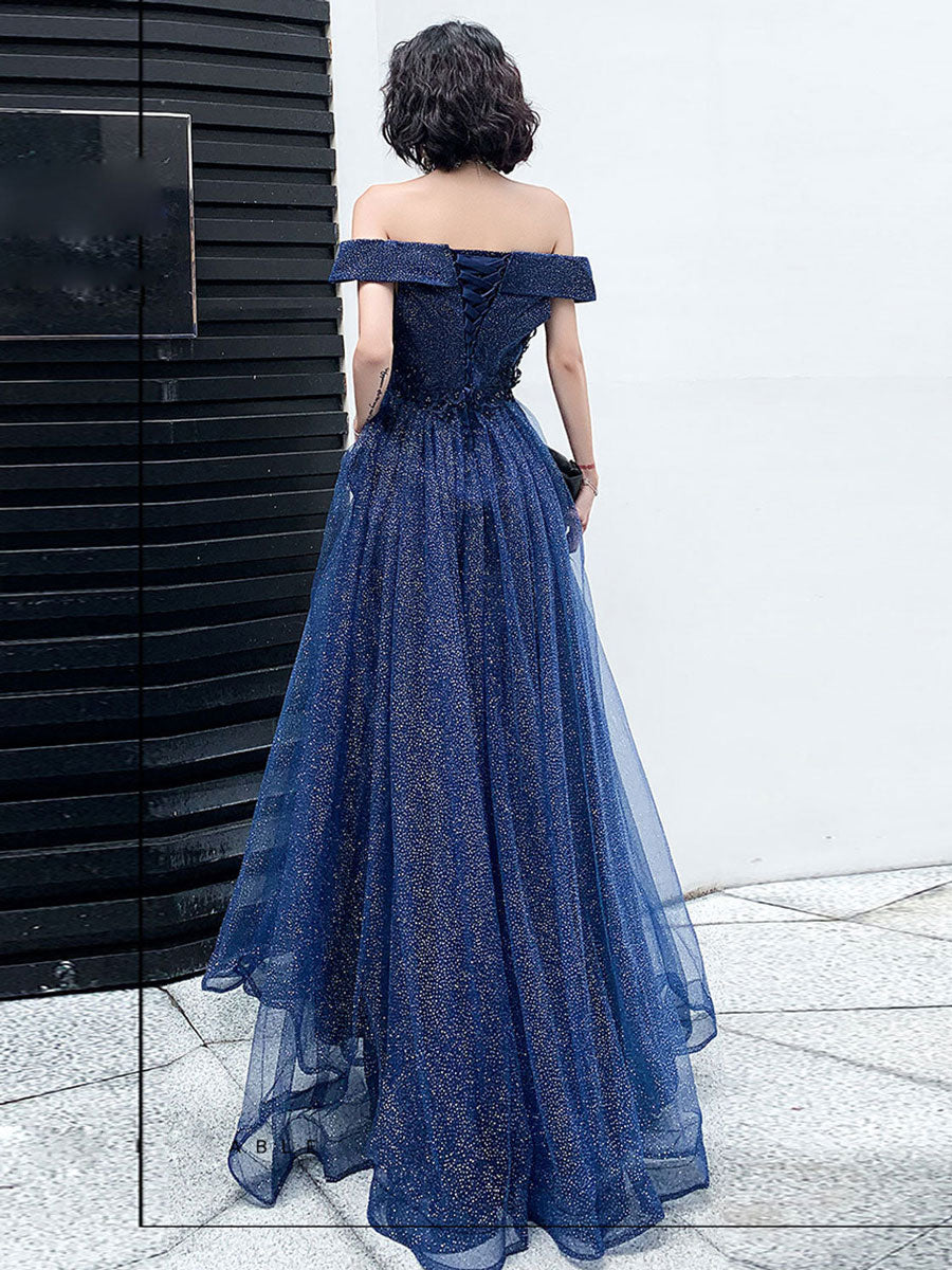 Dark Blue Tulle Off Shoulder Long Prom Wedding Party Dress