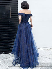 Dark Blue Tulle Off Shoulder Long Prom Wedding Party Dress