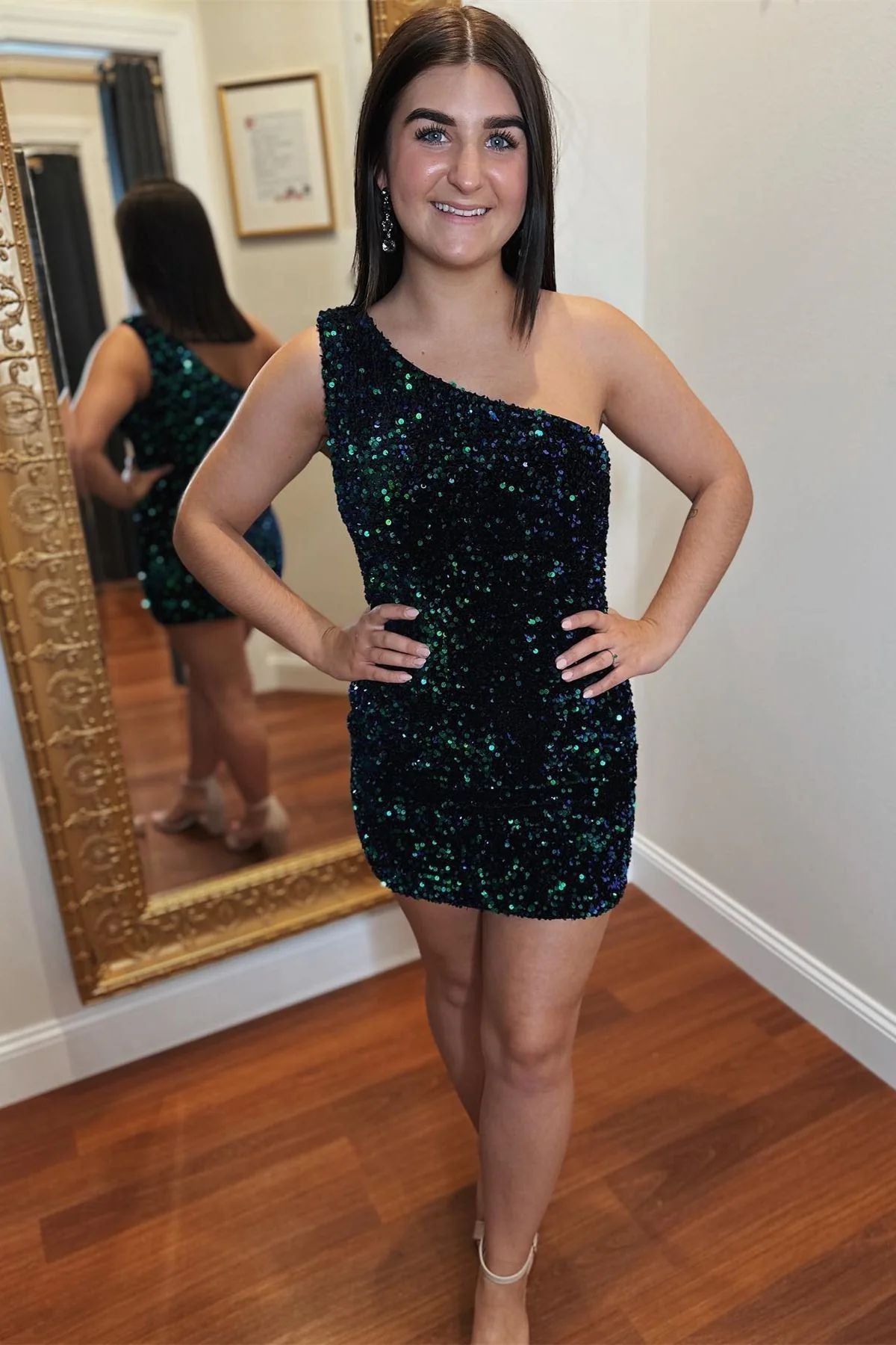 Dark Navy Sequins One Shoulder Tight Homecoming Dress - DollyGown
