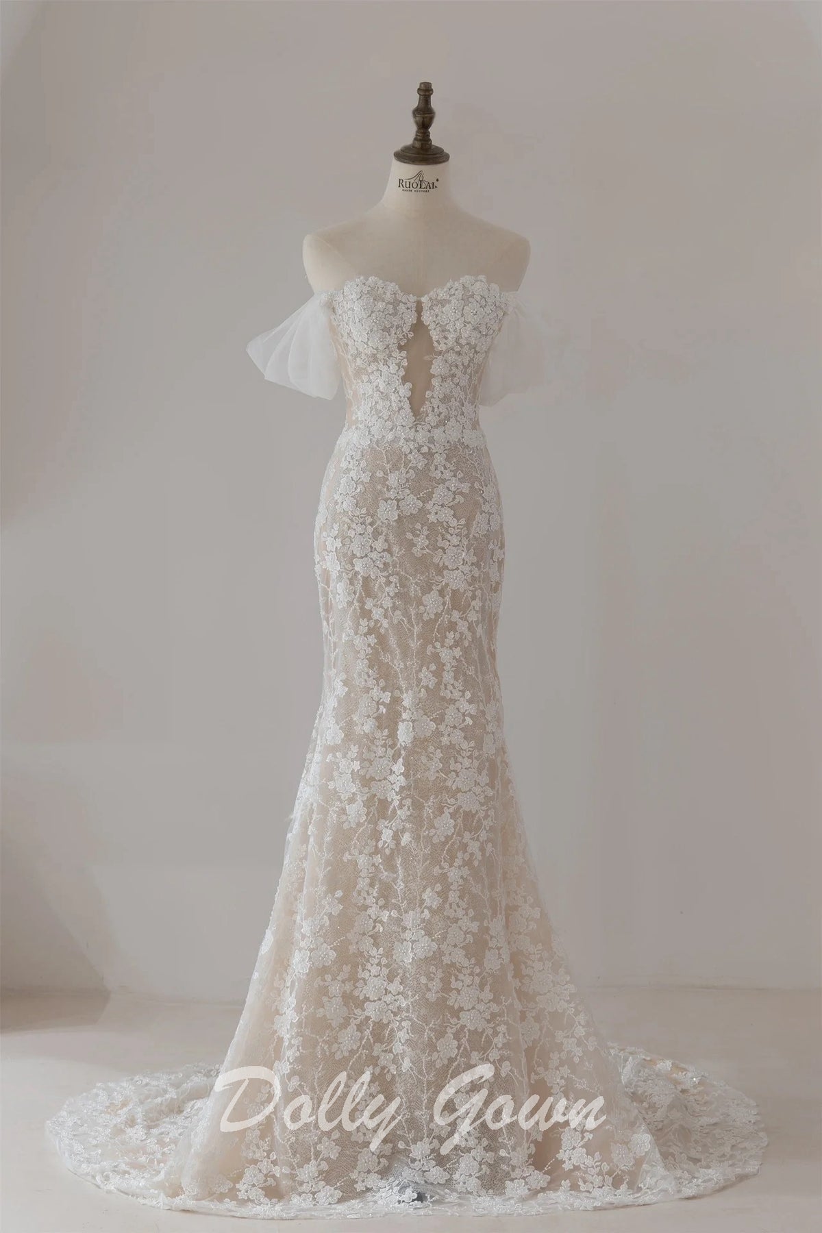 Delicate Flowy Mermaid Off the Shoulder Floral Lace Mermaid Sheer Wedding Dress Delicate Flowy Mermaid Off the Shoulder Floral Lace Mermaid Sheer Wedding Dress