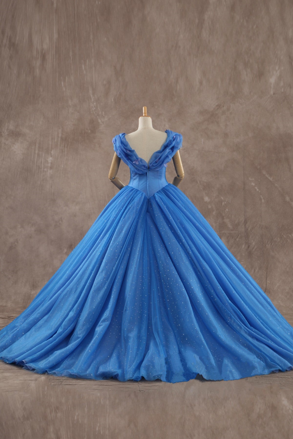 Cinderella Sky Blue Organza Dancing Prom Dresses 2021 Ball Gown  Off-The-Shoulder Short Sleeve Butterfly