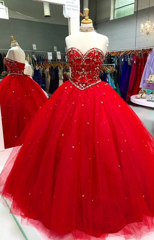 Drop Waist Red Bead Top Tulle Ball Gown Quinceanera Dress - DollyGown