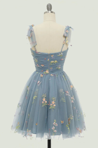 Dusty Blue Floral Embroidery Short Homecoming Dress - DollyGown