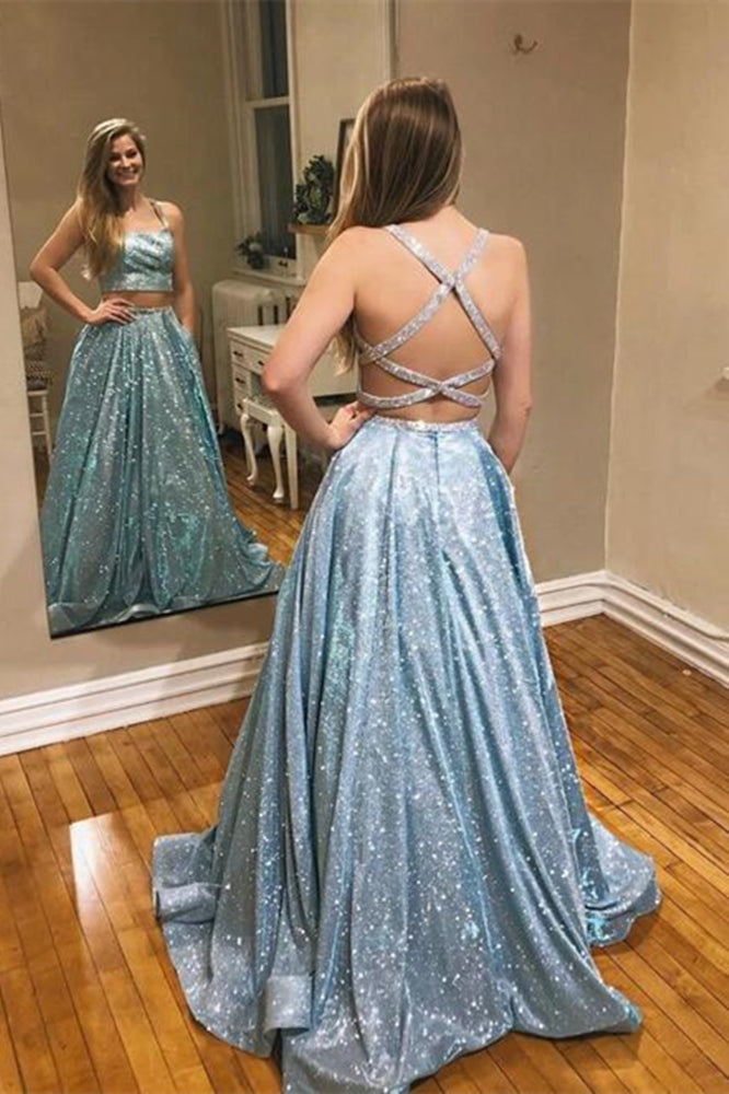 Dusty Blue Glitter Long Cross Back Prom Dress - DollyGown