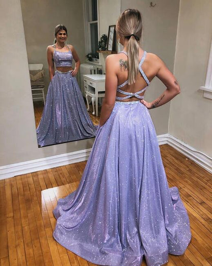 Lavender Glitter Long Cross Back Prom Dress - DollyGown