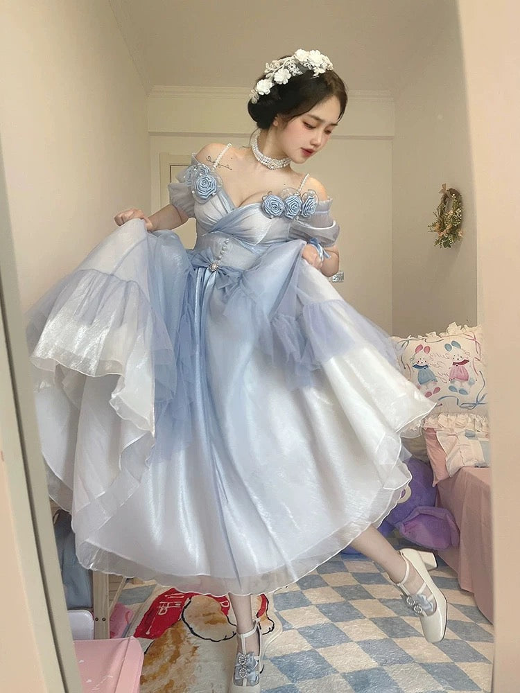 lolita prom dress Blue Boat Neck Off-The-Shoulder High Waisted Embroidery Floral Print Victorian Lolita Prom Dress