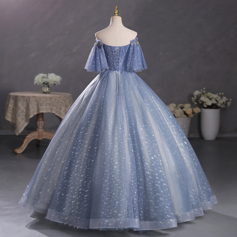 Dusty Blue Off The Shoulder Masquerade Ball Gown Quinceanera Dress - DollyGown