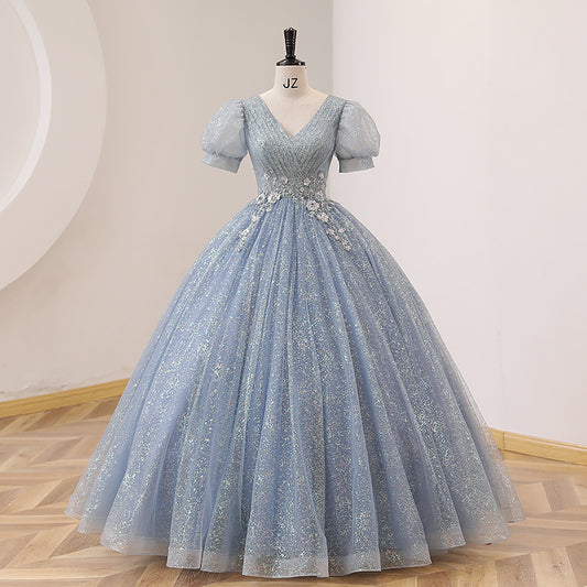 Dusty Blue V-Neck Ball Gown Quinceanera Dress - DollyGown