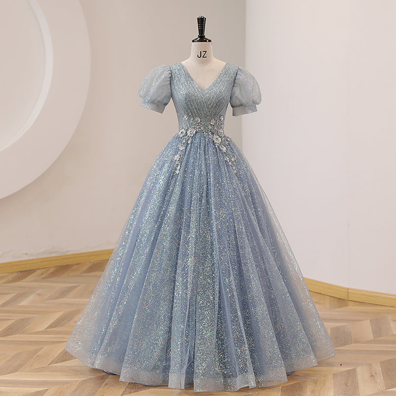 Dusty Blue V-Neck Ball Gown Quinceanera Dress - DollyGown