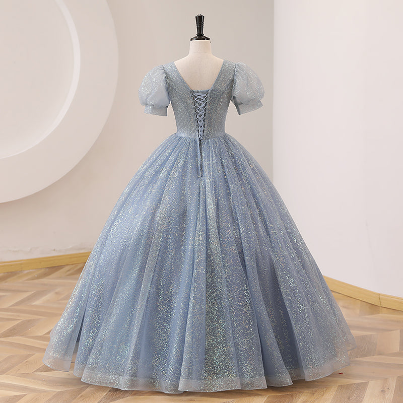 Dusty Blue V-Neck Ball Gown Quinceanera Dress - DollyGown