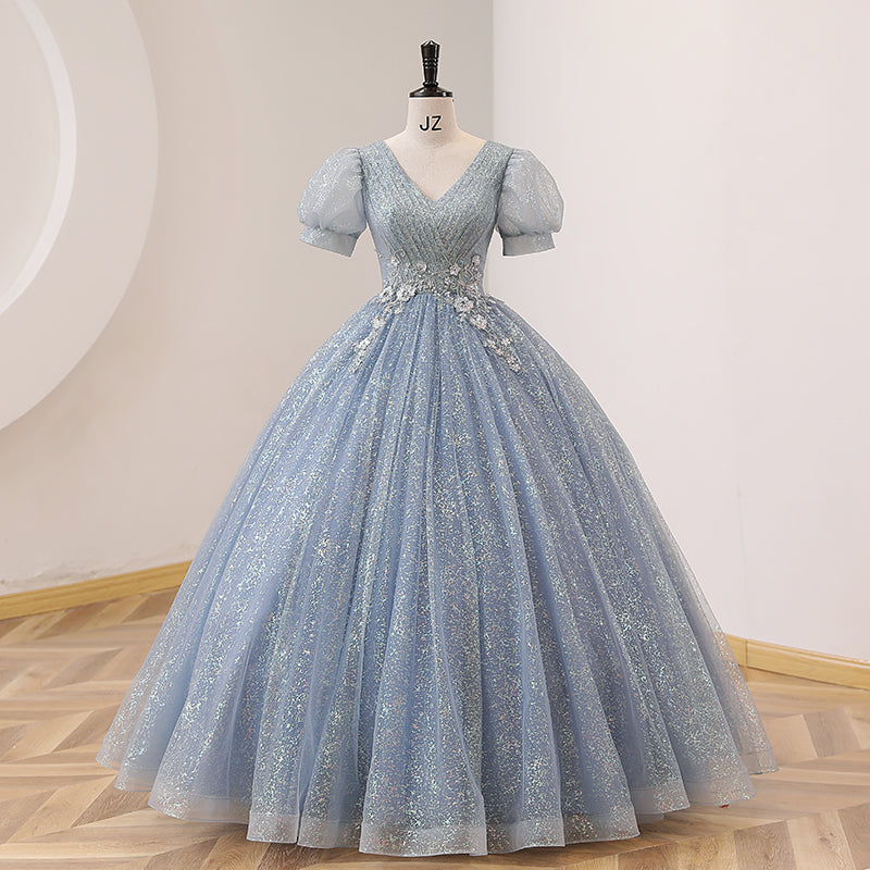 Dusty Blue V-Neck Ball Gown Quinceanera Dress