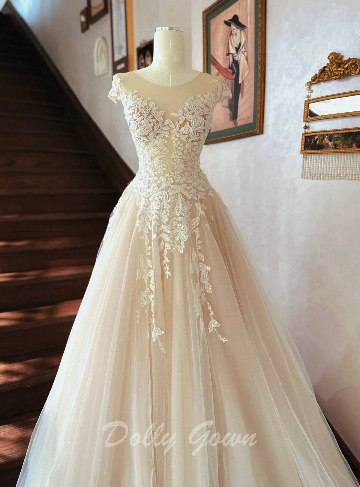 see through lace top dress See Through Lace Top Long Sleeves Chiffon A-line Wedding Dresses , CW0047