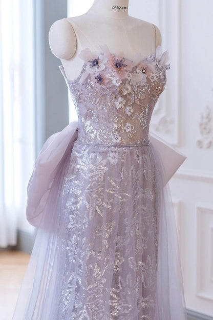 Elegant Taro Purple Sheath Sequins Formal Dress with removeable Tulle Train - DollyGown