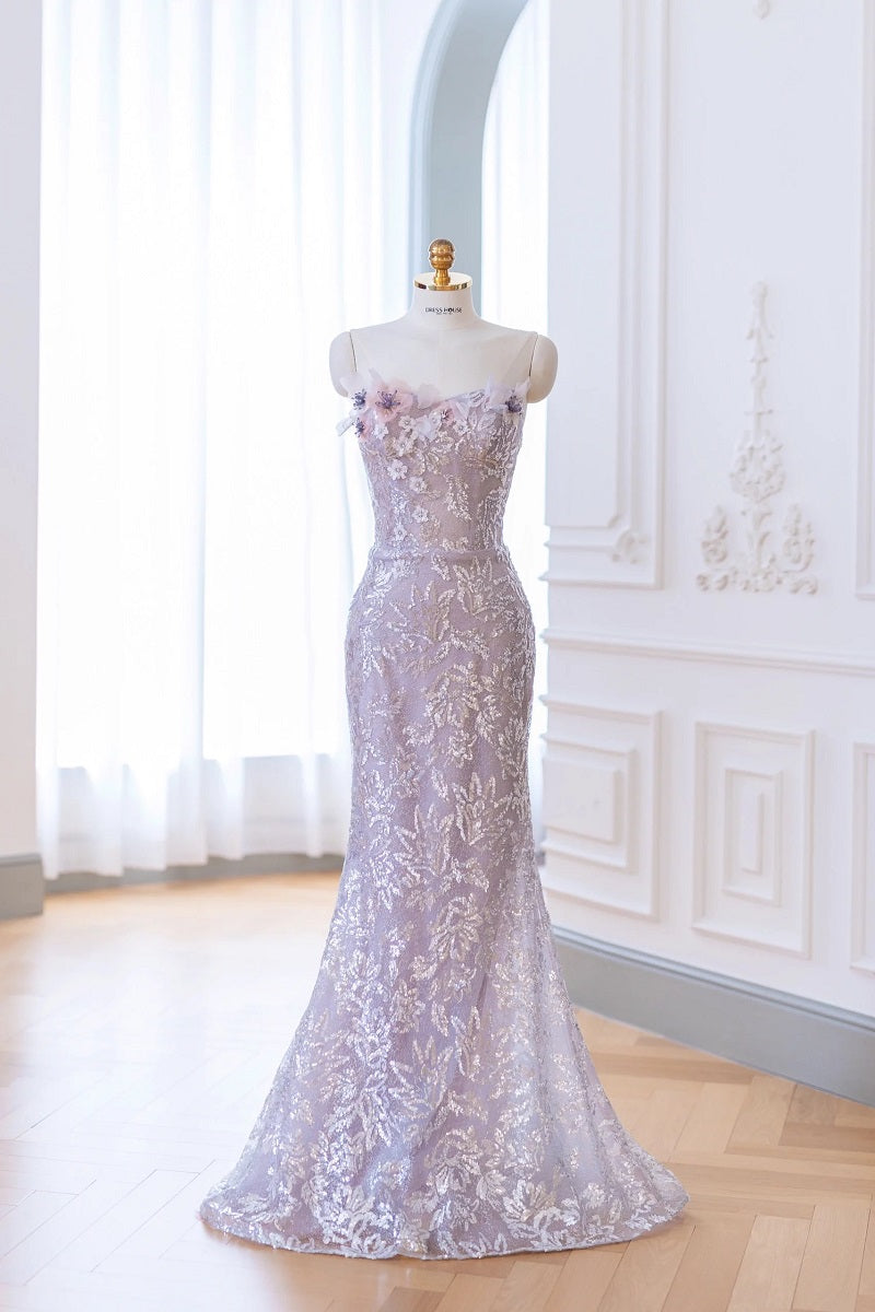 Elegant Taro Purple Sheath Sequins Formal Dress with removeable Tulle Train - DollyGown