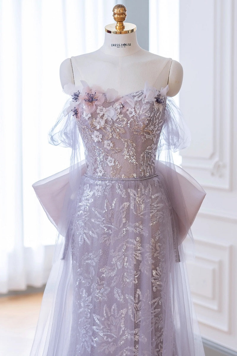 purple and silver formal dresses A-line Off the Shoulder Floor-Length Light Purple Prom Dresses With Sequins Beads #18465