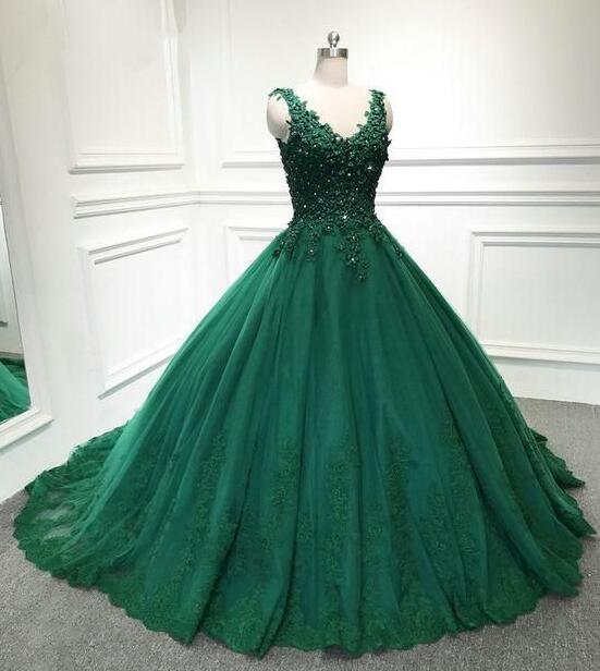 Emerald Green V-Neck Lace Top Ball Gown Prom Dress - DollyGown