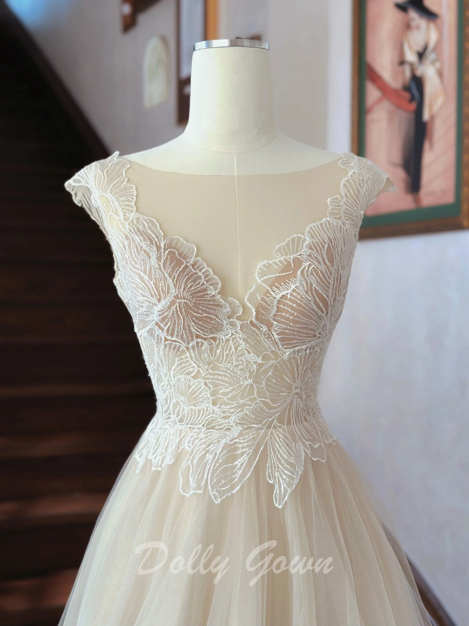 Fairy Illusion Lace Top A-line Sheer Flowy Champagne Wedding Dress - DollyGown