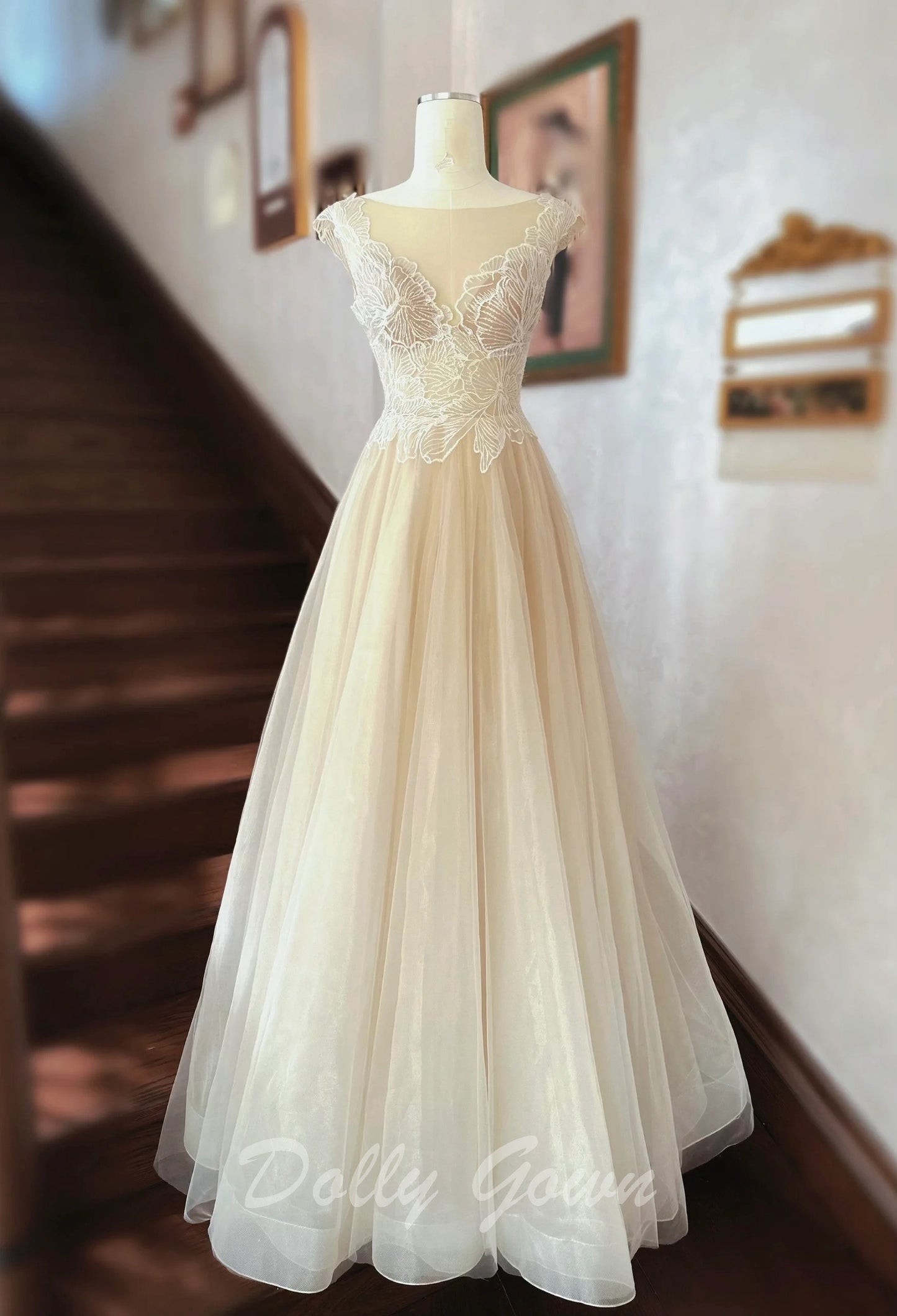 Fairy Illusion Lace Top A-line Sheer Flowy Champagne Wedding Dress - DollyGown