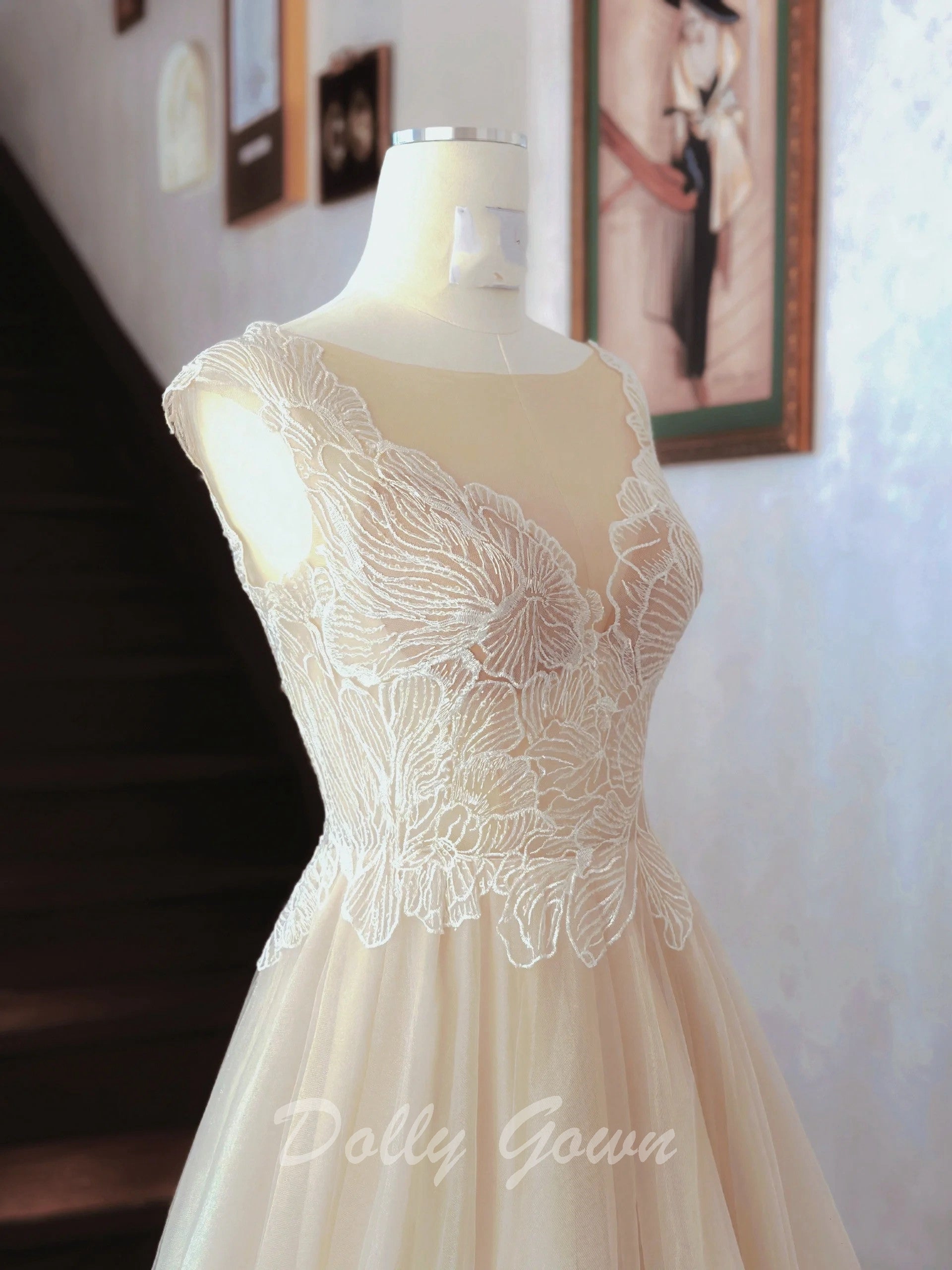 Fairy Illusion Lace Top A-line Sheer Flowy Champagne Wedding Dress - DollyGown