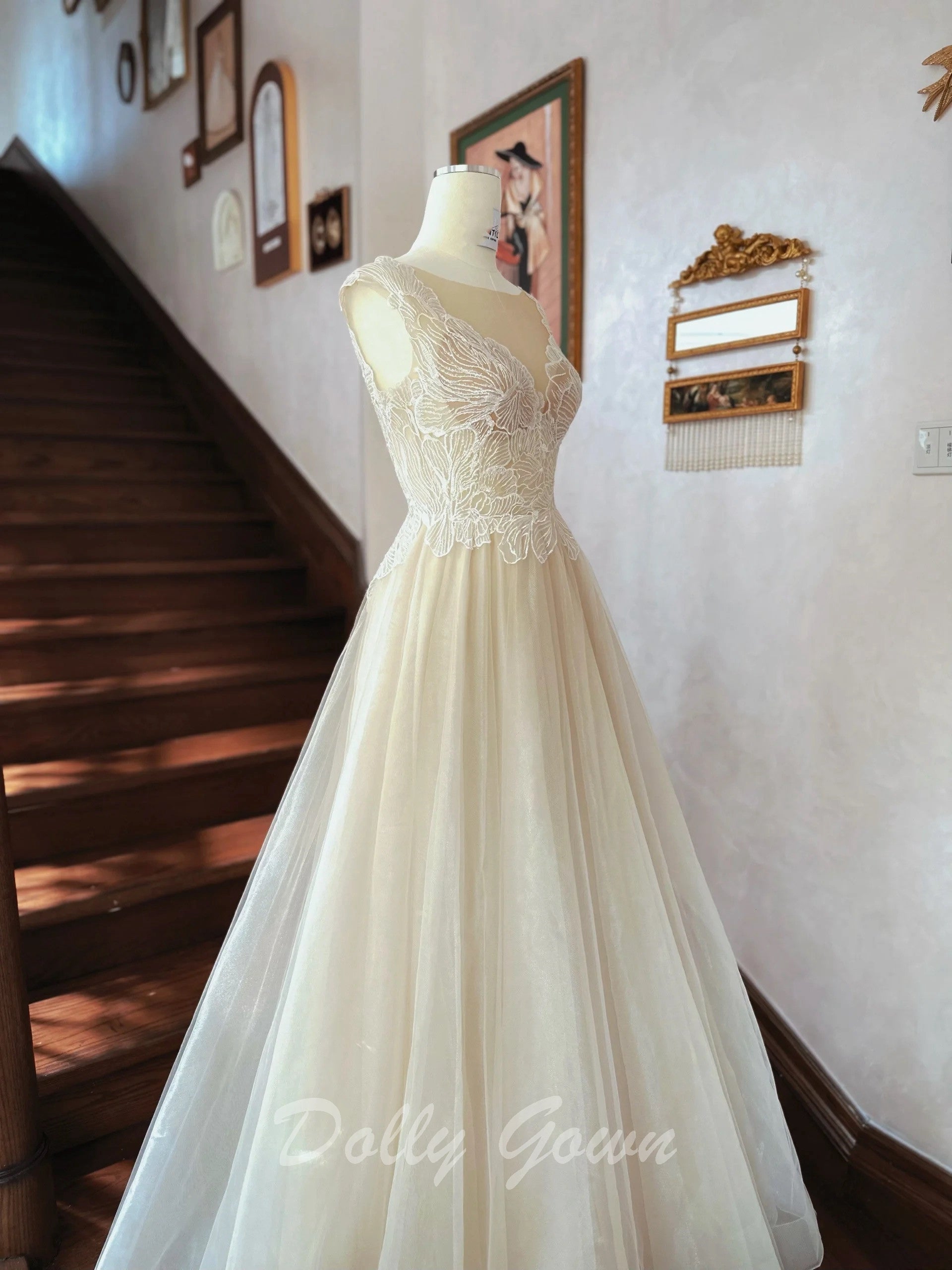 Fairy Illusion Lace Top A-line Sheer Flowy Champagne Wedding Dress