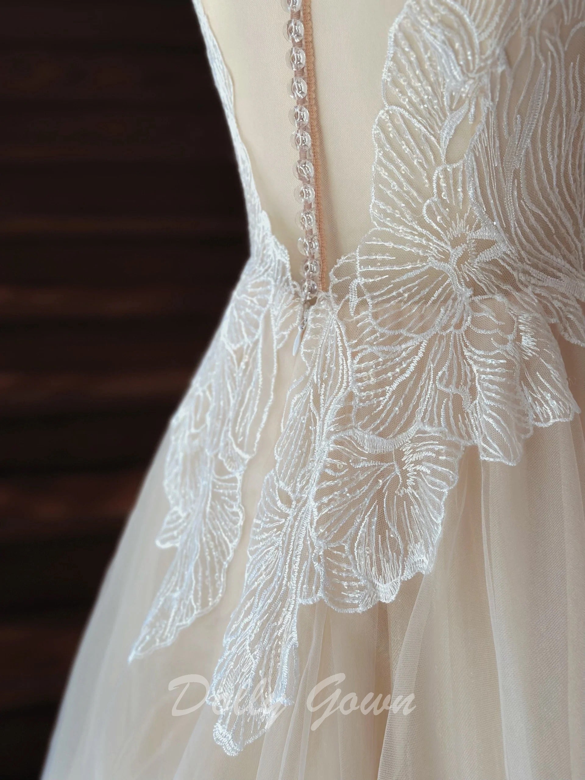 Fairy Illusion Lace Top A-line Sheer Flowy Champagne Wedding Dress - DollyGown