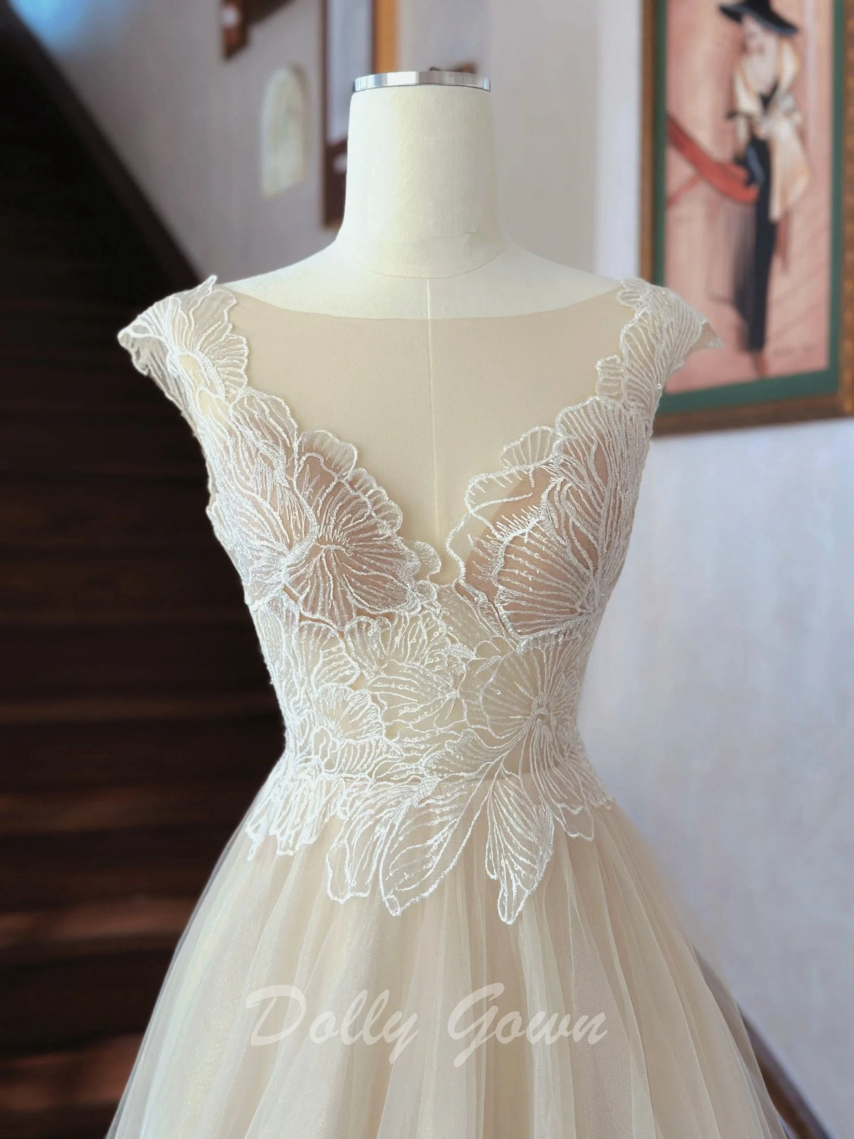 Fairy Illusion Lace Top A-line Sheer Flowy Champagne Wedding Dress Fairy Illusion Lace Top A-line Sheer Flowy Champagne Wedding Dress