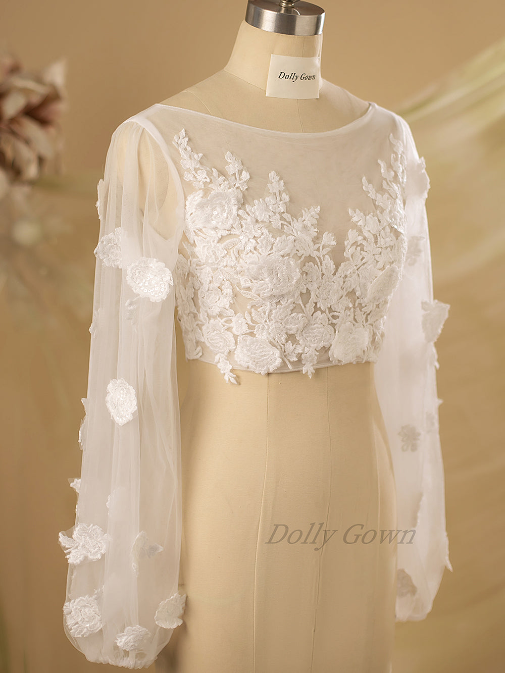 Fiona Adorable 3D Lace Bridal Tops with Long Bubble Sleeves Fiona Adorable 3D Lace Bridal Tops with Long Bubble Sleeves