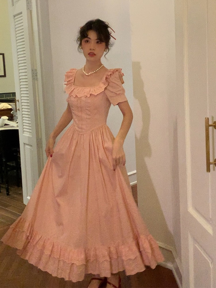 French Style Blush Pink Square Neck Vintage Dress - DollyGown