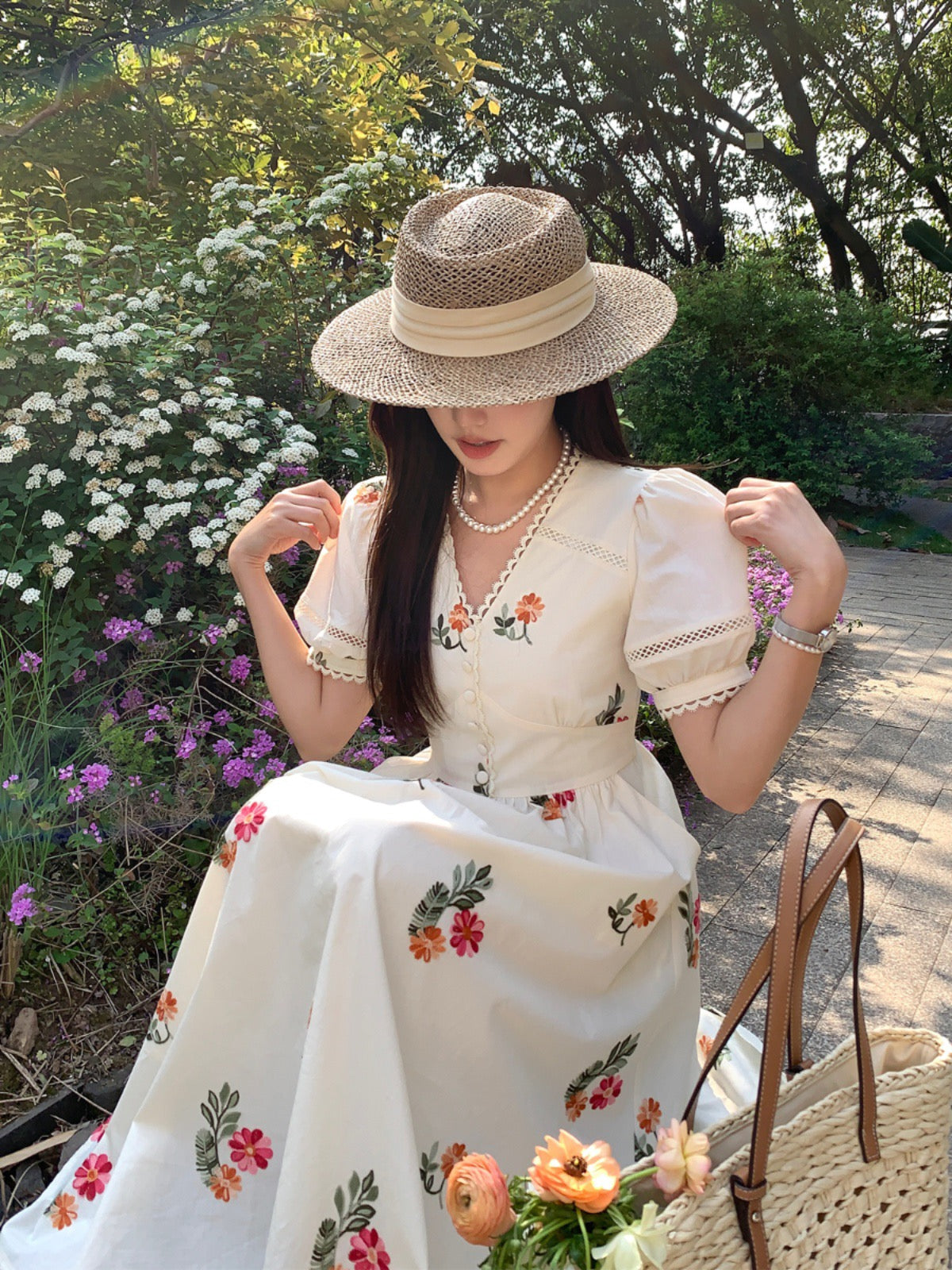 Flora French V neck Summer Tea Length  Swing Dress - DollyGown
