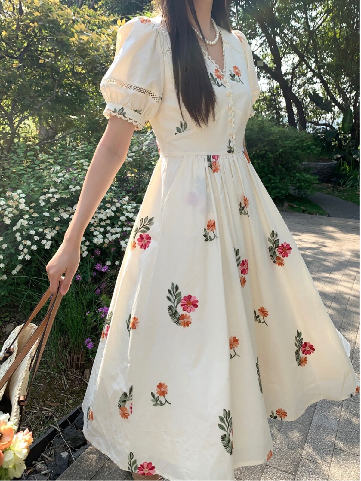 Flora French V neck Summer Tea Length  Swing Dress - DollyGown