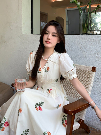 Flora French V neck Summer Tea Length Swing Dress - DollyGown