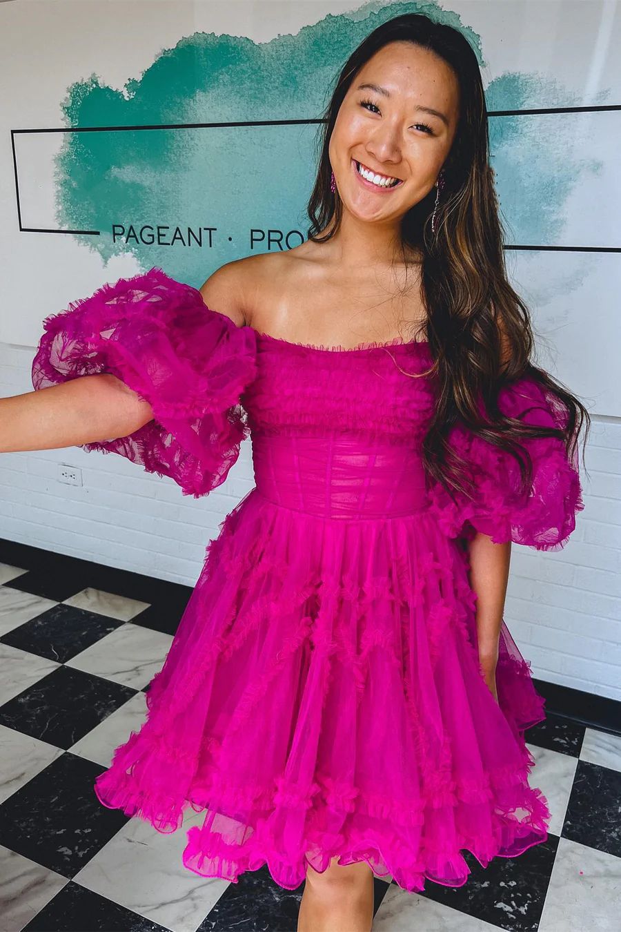 Fuchsia Pink Off Shoulders Ruffles Homecoming Dress - DollyGown