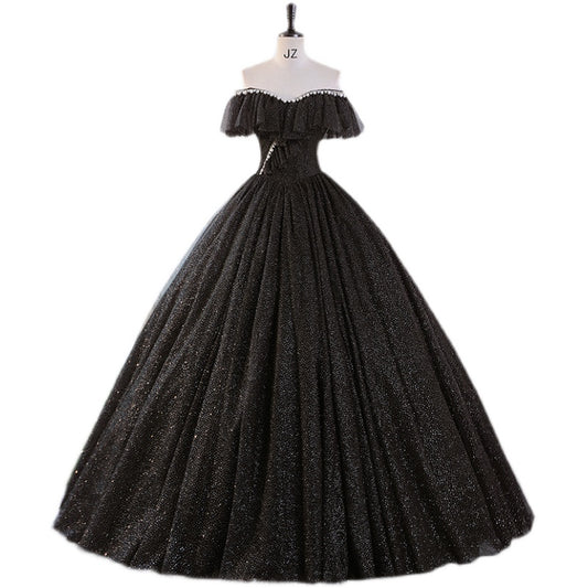 Glitter Off The Shoulder Ball Gown Black Gothic Sweet 16 Dress - DollyGown