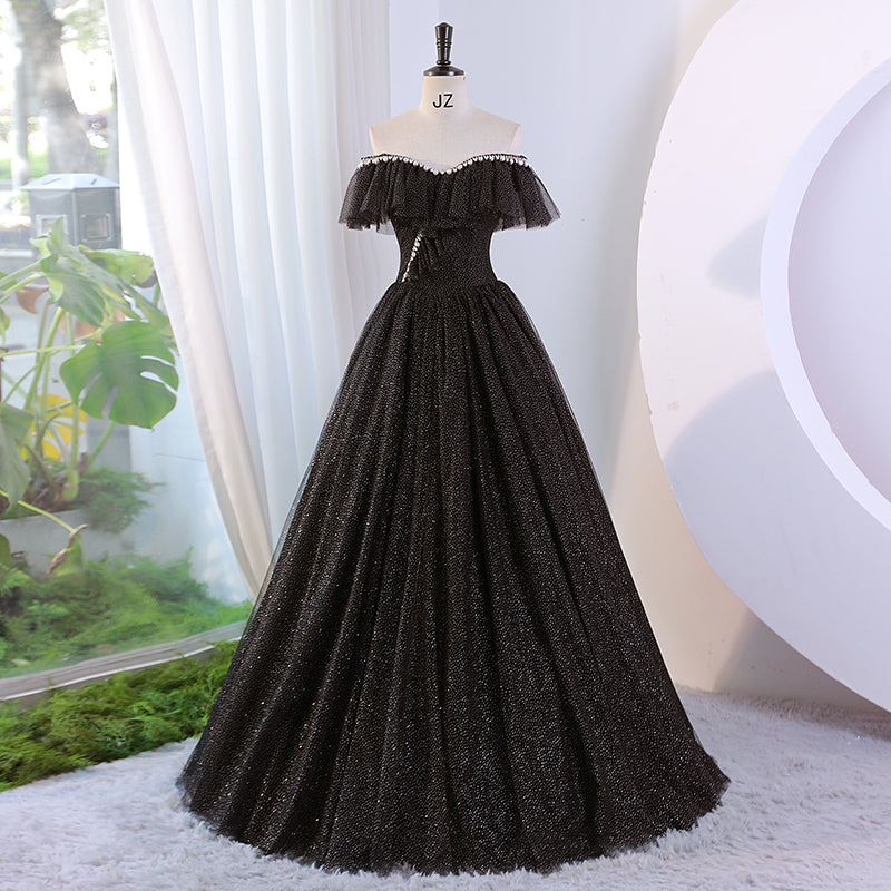 Glitter Off The Shoulder Ball Gown Black Gothic Sweet 16 Dress - DollyGown