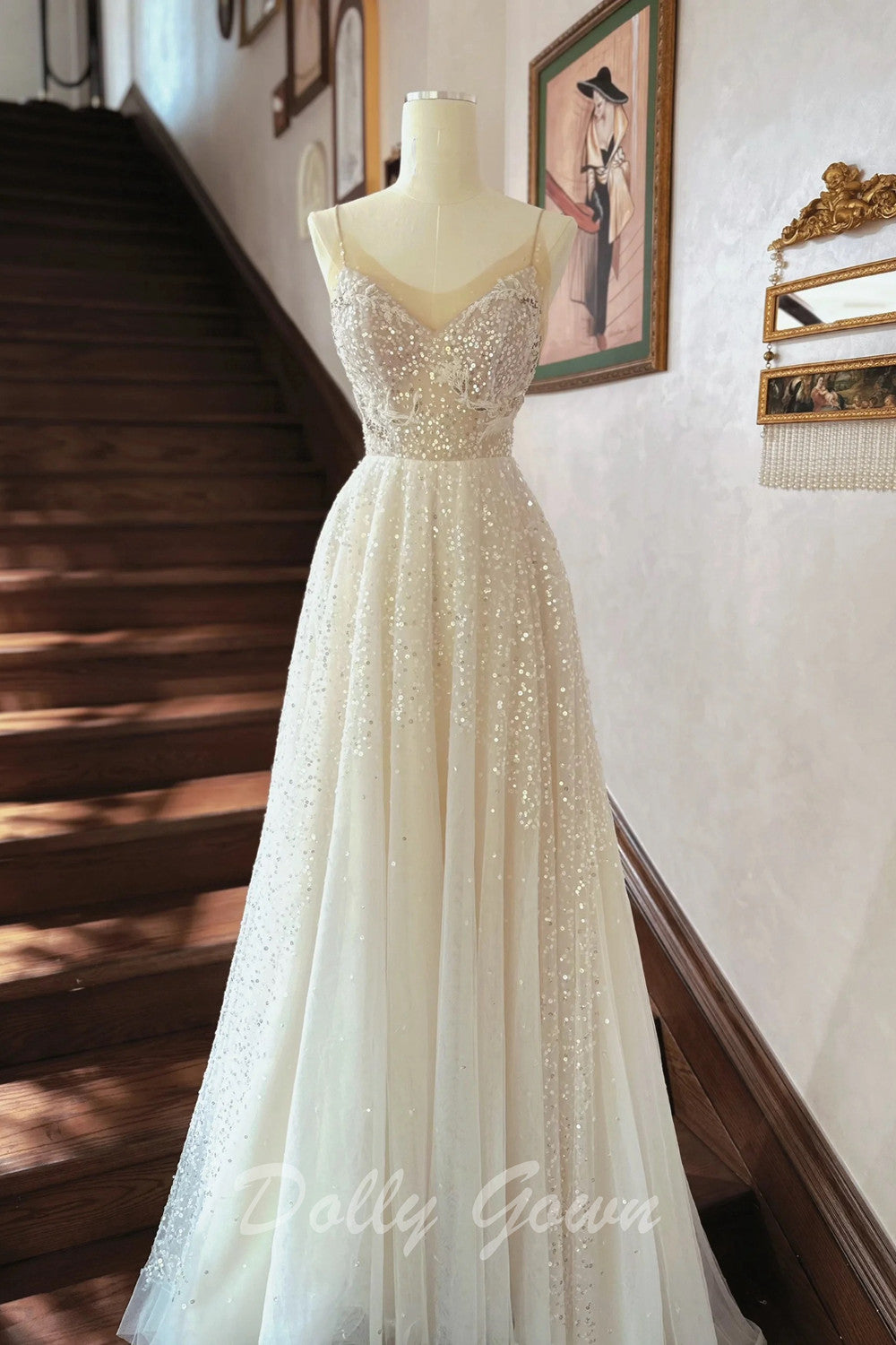Glitter Spaghetti Strap A-line Sheer Wedding Dress - DollyGown