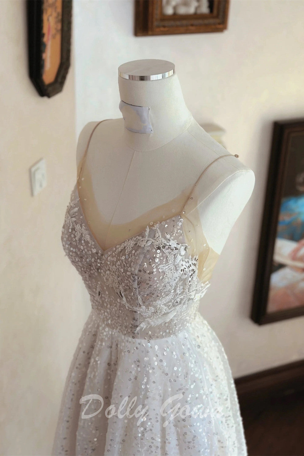 Glitter Spaghetti Strap A-line Sheer Wedding Dress - DollyGown