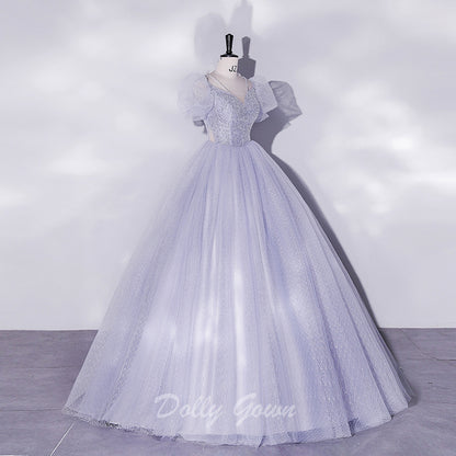 Glittler V-Neck Ball Gown Prom Dress with Short Bubble Sleeves - DollyGown