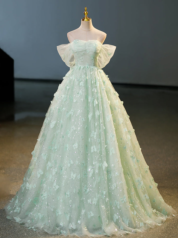 green emerald velvet dress Long Sage Tulle Puffy Sleeves Formal Dress
