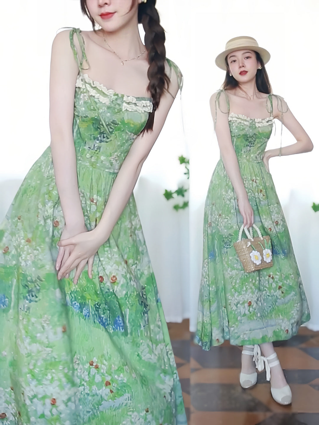 Green Van Gog Oil Painting Summer Dress - DollyGown