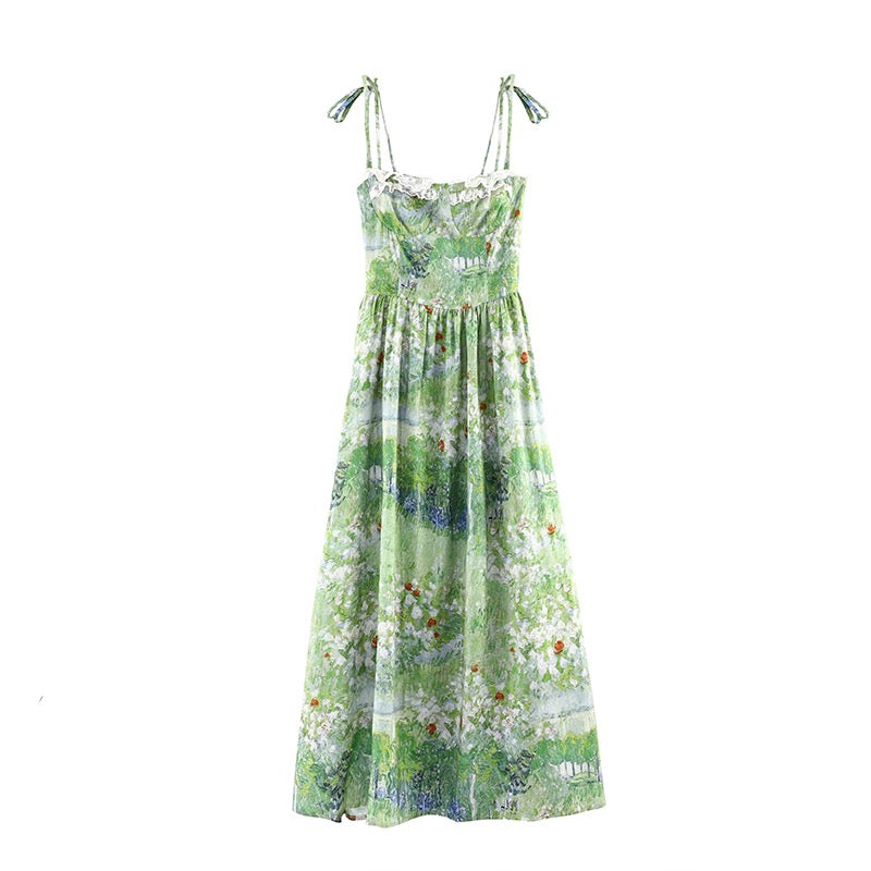 Green Van Gog Oil Painting Summer Dress Green Van Gog Oil Painting Summer Dress
