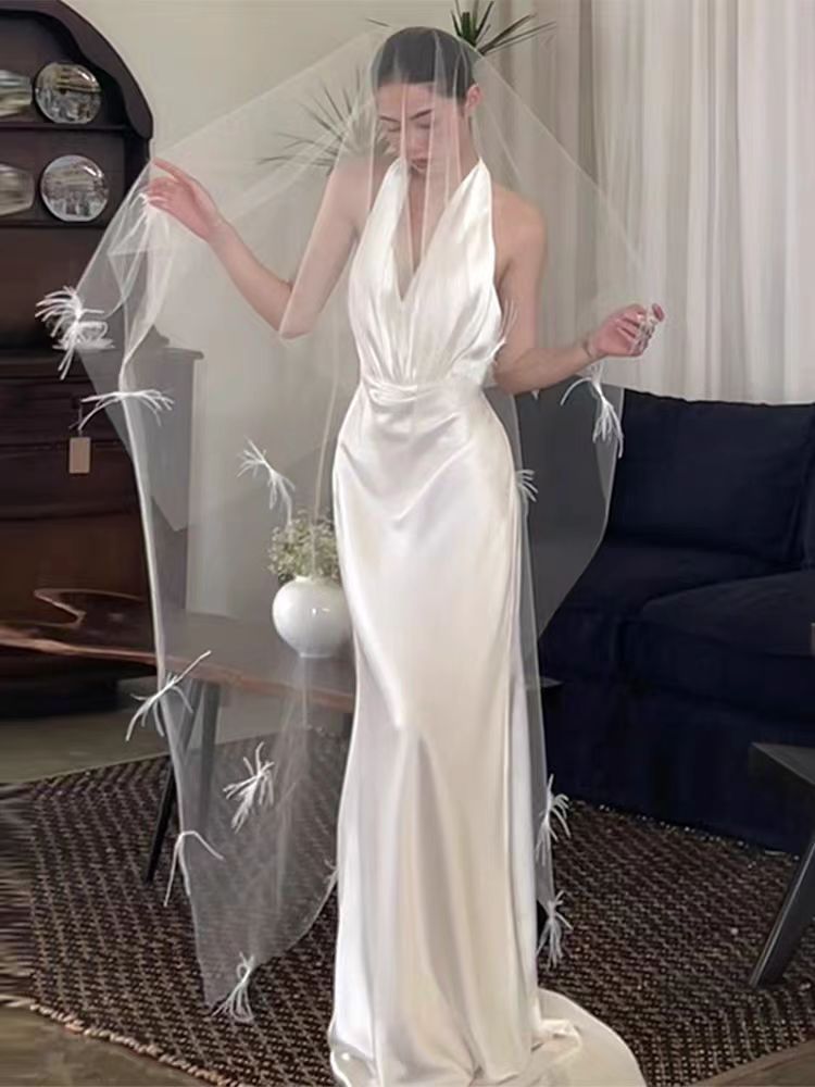 Halter Neck Column Low Back Silk Slip Wedding Dress