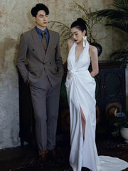 Halter Neck Sheath Low Back Silk Chiffon Bridal Gown with Delicate Flower