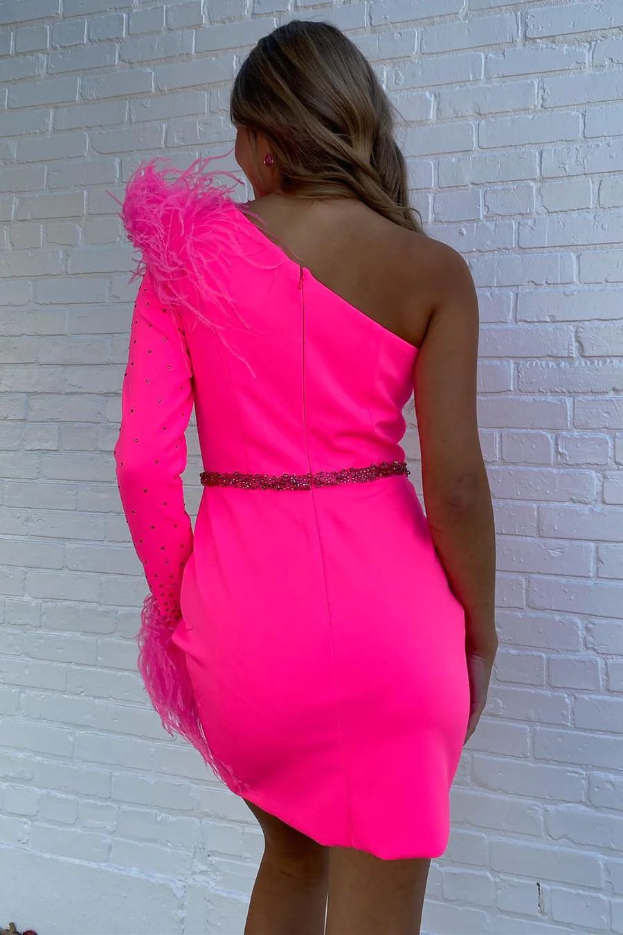 Hot Pink Feather One Shoulder Tight Fit Homecoming Dress - DollyGown