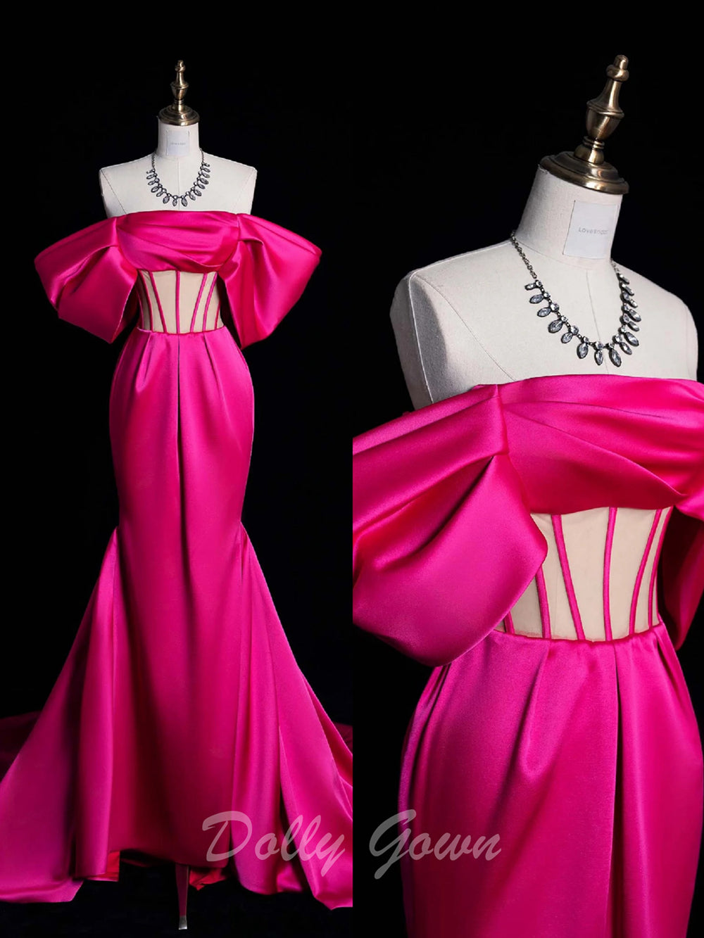Hot Pink Off The Shoulder Satin Corset Prom Dress - DollyGown