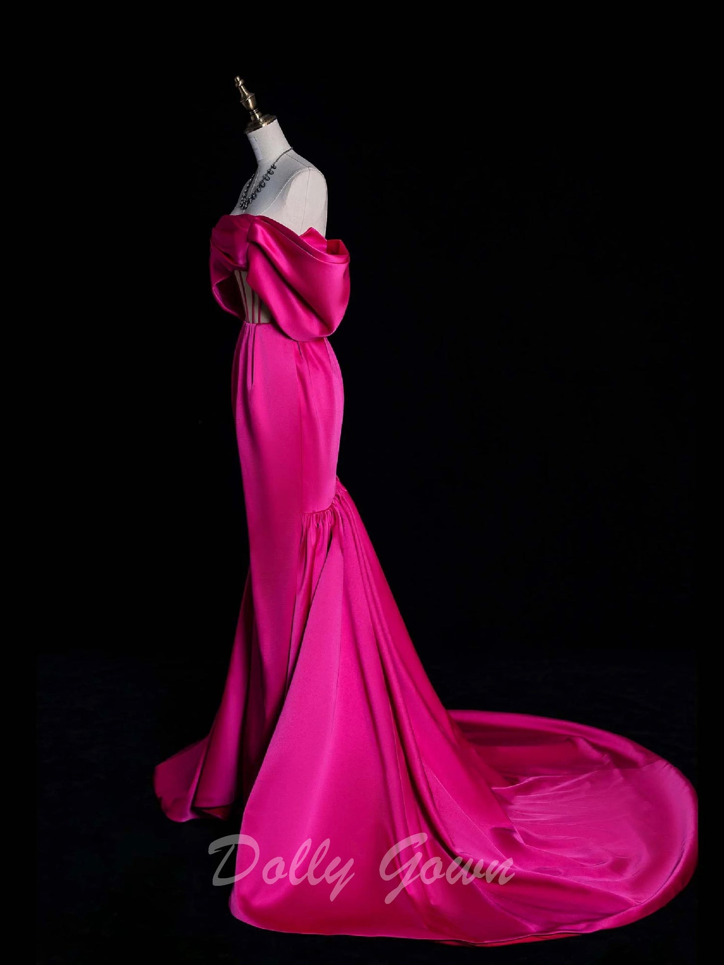 Hot Pink Off The Shoulder Satin Corset Prom Dress - DollyGown