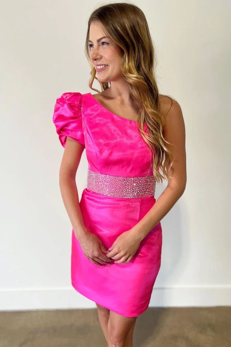 Hot Pink One Shoulder Homecoming Dress with Beaded Waist – Dolly Gown